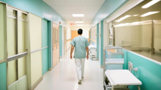 Un soignant marche dans un couloir hospitalier