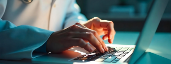 Un soignant est concentré devant son ordinateur pour compléter un dossier patient