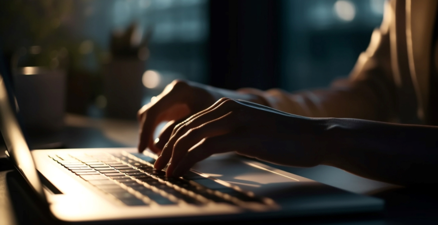 Une femme tape sur le clavier de son ordinateur portable