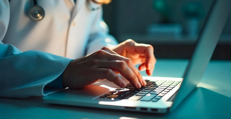 Un soignant est concentré devant son ordinateur pour compléter un dossier patient